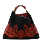 Lizard Canvas Embroidered Large Horsebit Chain Hobo Black Red - Image 11