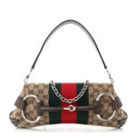 Monogram Textured Dollar Calfskin Heavy Grosgrain Web Medium Maxi Horsebit Chain Shoulder Bag Beige Ebony New Acero