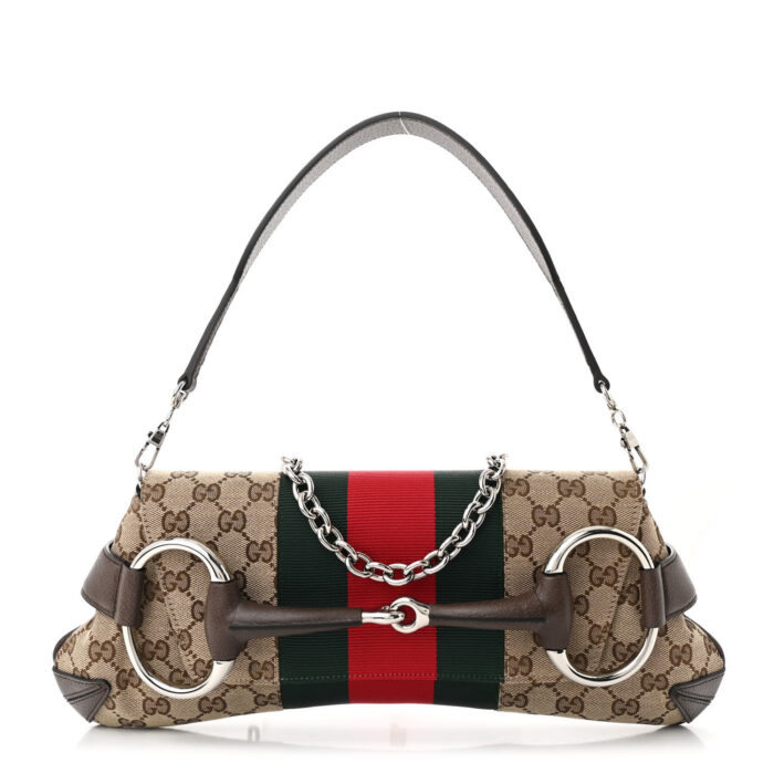 Monogram Textured Dollar Calfskin Heavy Grosgrain Web Medium Maxi Horsebit Chain Shoulder Bag Beige Ebony New Acero - Image 1