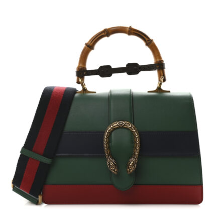 Moon Calfskin Web Medium Dionysus Bamboo Top Handle Bag Emerald Blue Hibiscus Red