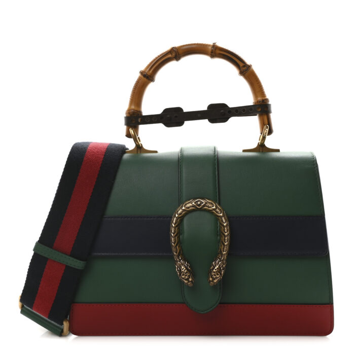 Moon Calfskin Web Medium Dionysus Bamboo Top Handle Bag Emerald Blue Hibiscus Red - Image 1