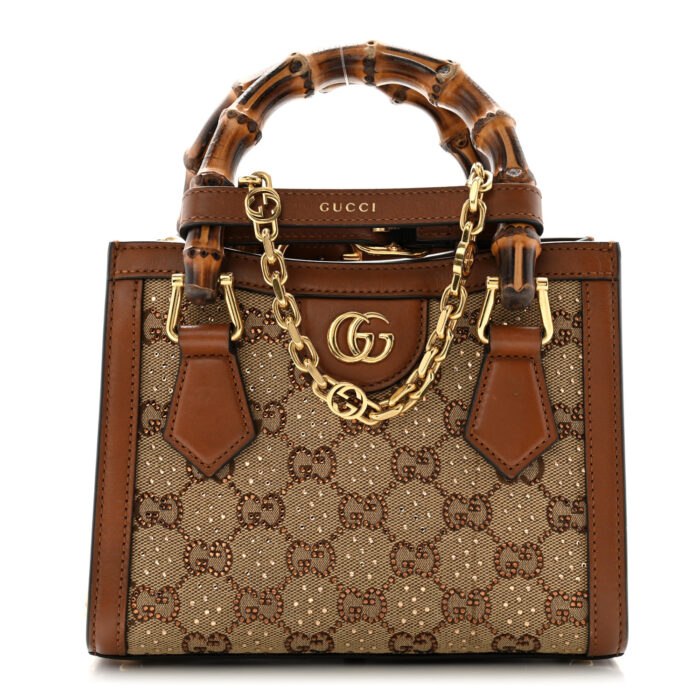 New Canvas Charisma Calfskin Crystal GG Monogram Mini Diana Tote Bag Camel Ebony - Image 1