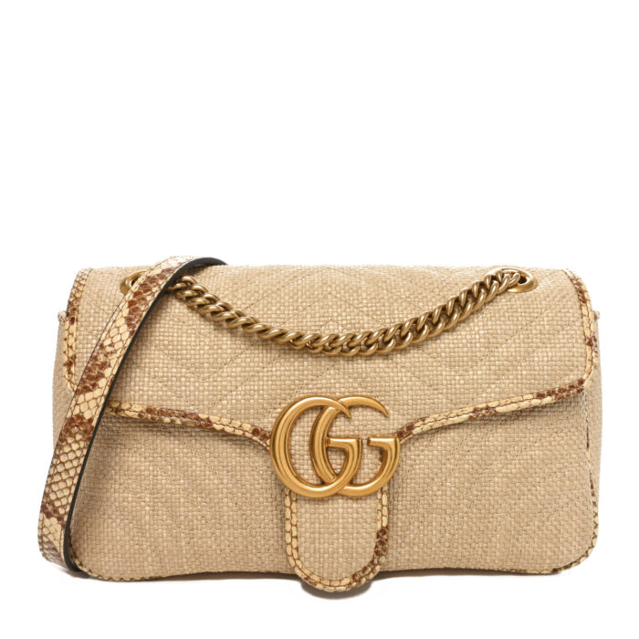 Raffia Elaphe Matelasse Small GG Marmont Shoulder Bag Natural Cream Brown - Image 1