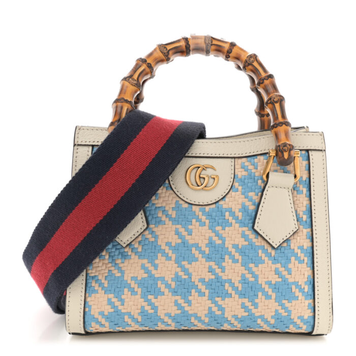Raffia Textured Dollar Calfskin Web Houndstooth Mini Diana Tote Bag Light Blue Natural Deep Orange - Image 1