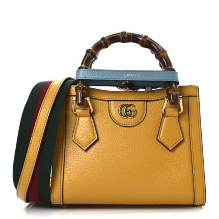 Textured Dollar Calfskin Web Mini Diana Tote Bag Yellow Dusty Azure