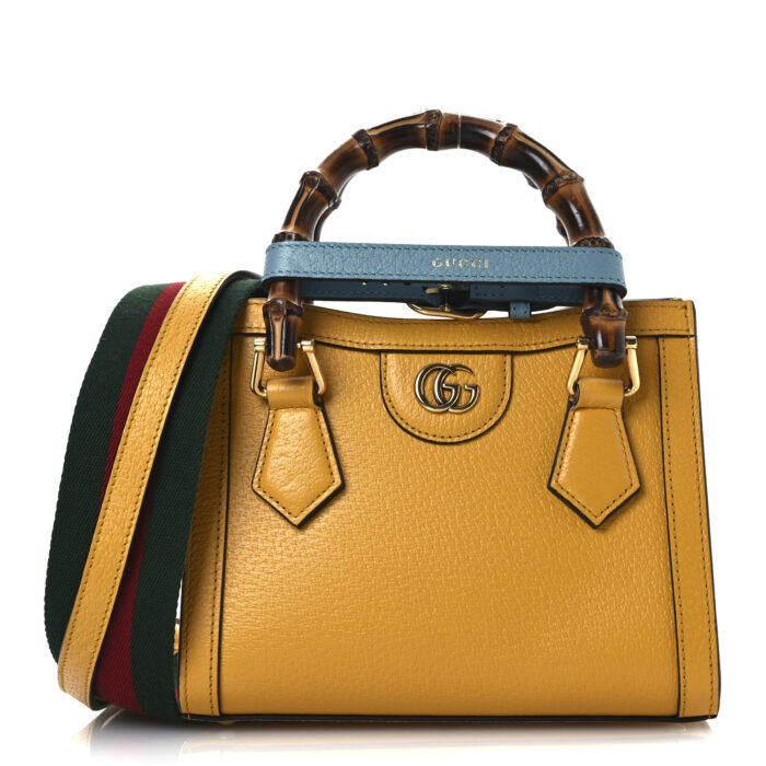 Textured Dollar Calfskin Web Mini Diana Tote Bag Yellow Dusty Azure - Image 1