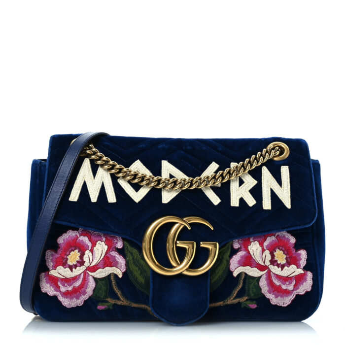 Velvet Matelasse Modern Embroidered Medium GG Marmont Shoulder Bag Cobalt - Image 1