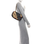 Vintage Effect Calfskin Matelasse Diagonal Striped Small Torchon GG Marmont Shoulder Bag Black Beige - Image 2