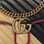 Vintage Effect Calfskin Matelasse Diagonal Striped Small Torchon GG Marmont Shoulder Bag Black Beige - Image 8